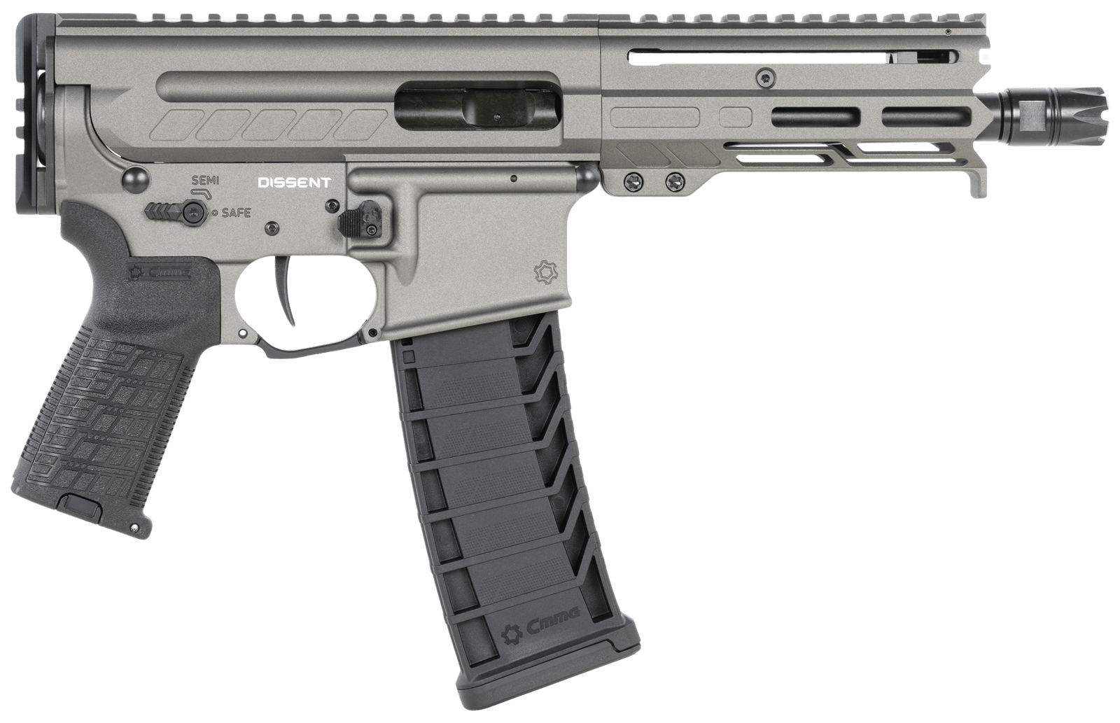 CMMG 94A6867TNG Dissent MK4 9mm Luger 33+1 6.50", Tungsten Gray Rec, Picatinny Brace Adapter, 5.50" M-LOK Handguard, Left Side Charging Handle, Zeroed Linear Comp, Zeroed Drop-In Single Stage Trigger
