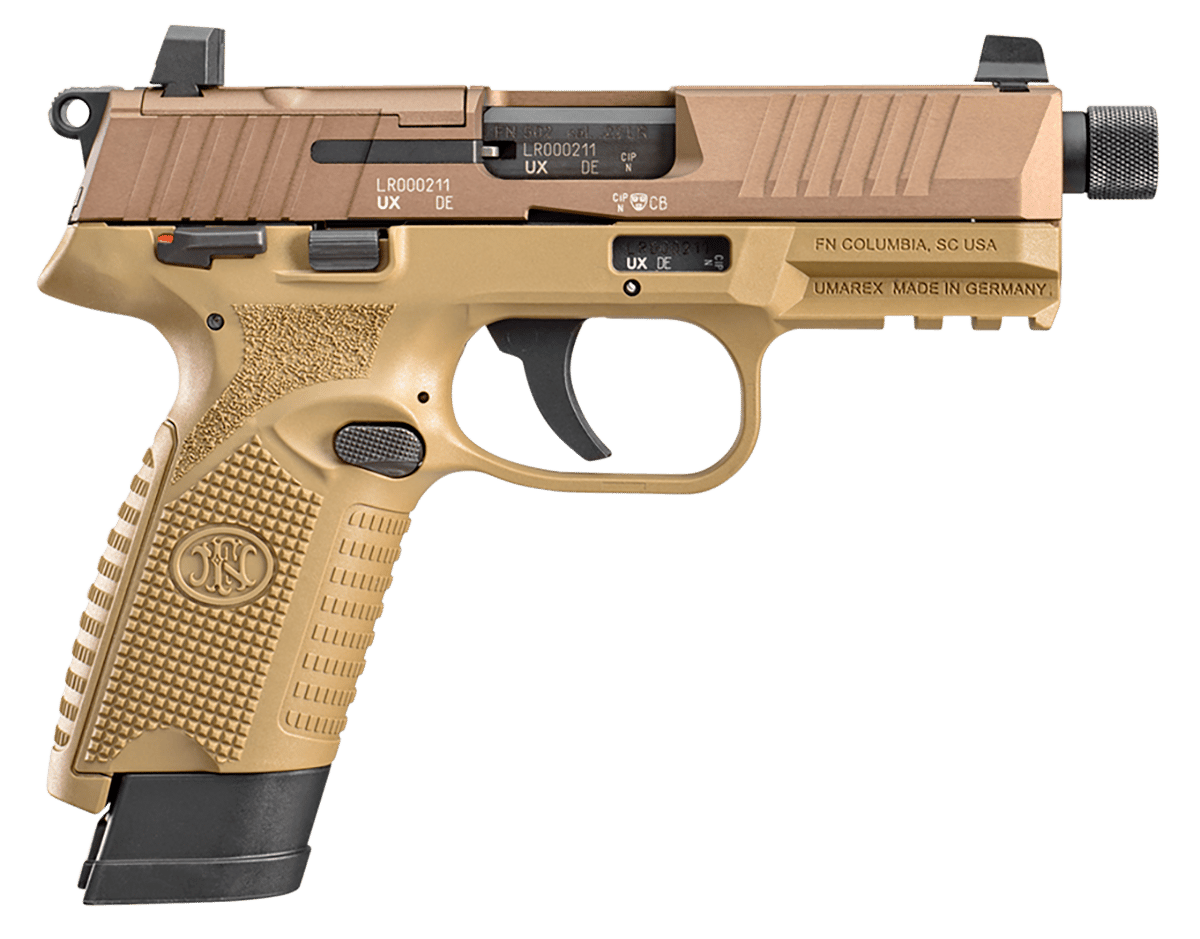 FN 66101006 502 Tactical 22 LR 10+1/15+1, 4.60" Black Steel Threaded Barrel, Flat Dark Earth Optic Ready/Serrated Slide & Polymer Frame w/Picatinny Rail, FDE Textured Polymer Grip, Ambidextrous