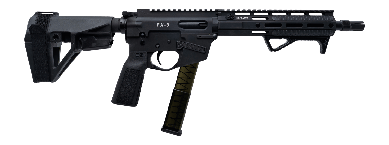 Freedom Ordance FX9P10E-BLK FX9P Elite 9mm Luger 10" Black Nitride Threaded Barrel, Black Anodized Aluminum Receiver w/Picatinny Rail, M-LOK Handguard, Black Polymer SB Tactical SBA5 Brace, Black Poly