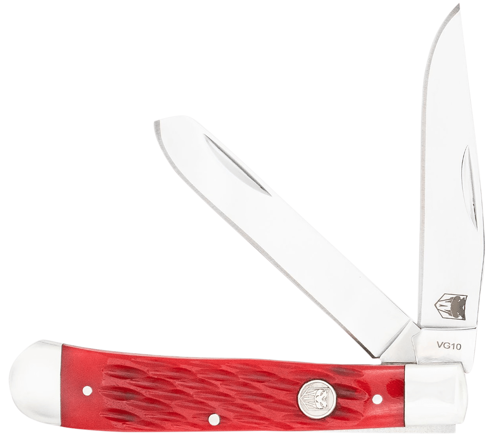 CobraTec Knives CTTDTRPREDBN Trapper  Folding 2.88" Clip Point, 2.94" Spey Plain Polished VG-10 SS Blades, 4.44" Red Bone Scales/SS Handle