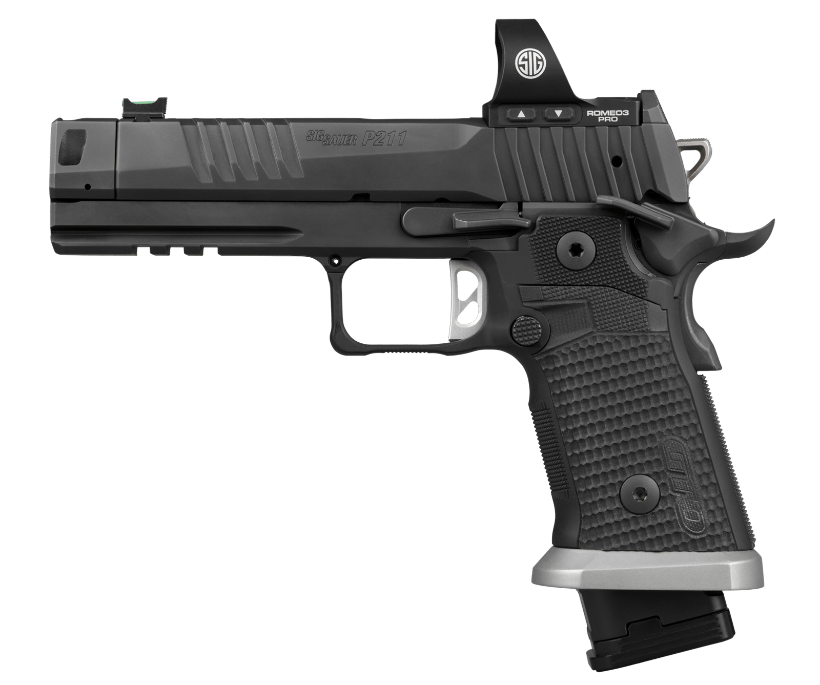 Sig Sauer  P211 GTO w/Optic 9mm Luger 23+1 4.40" Bull Barrel, Black Nitron Stainless Steel Serrated w/Optic Slide & Frame w/Beavertail & Picatinny Rail, Black G10 Grip, Sig ROMEO3 PRO Red Dot, Ambidex