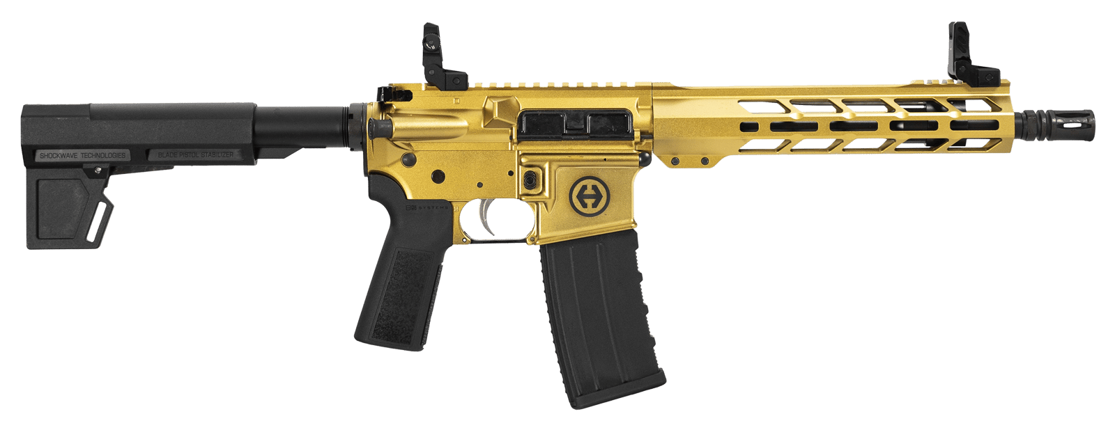 Hi-Point HP15P-556GOLD HP 15P 5.56 NATO 30+1 10.50" Black Threaded Barrel, Gold Aluminum Receiver w/Picatinny Rail, M-LOK Handguard, Blade Black Polymer Brace, Black B5 P Type 23 Grip