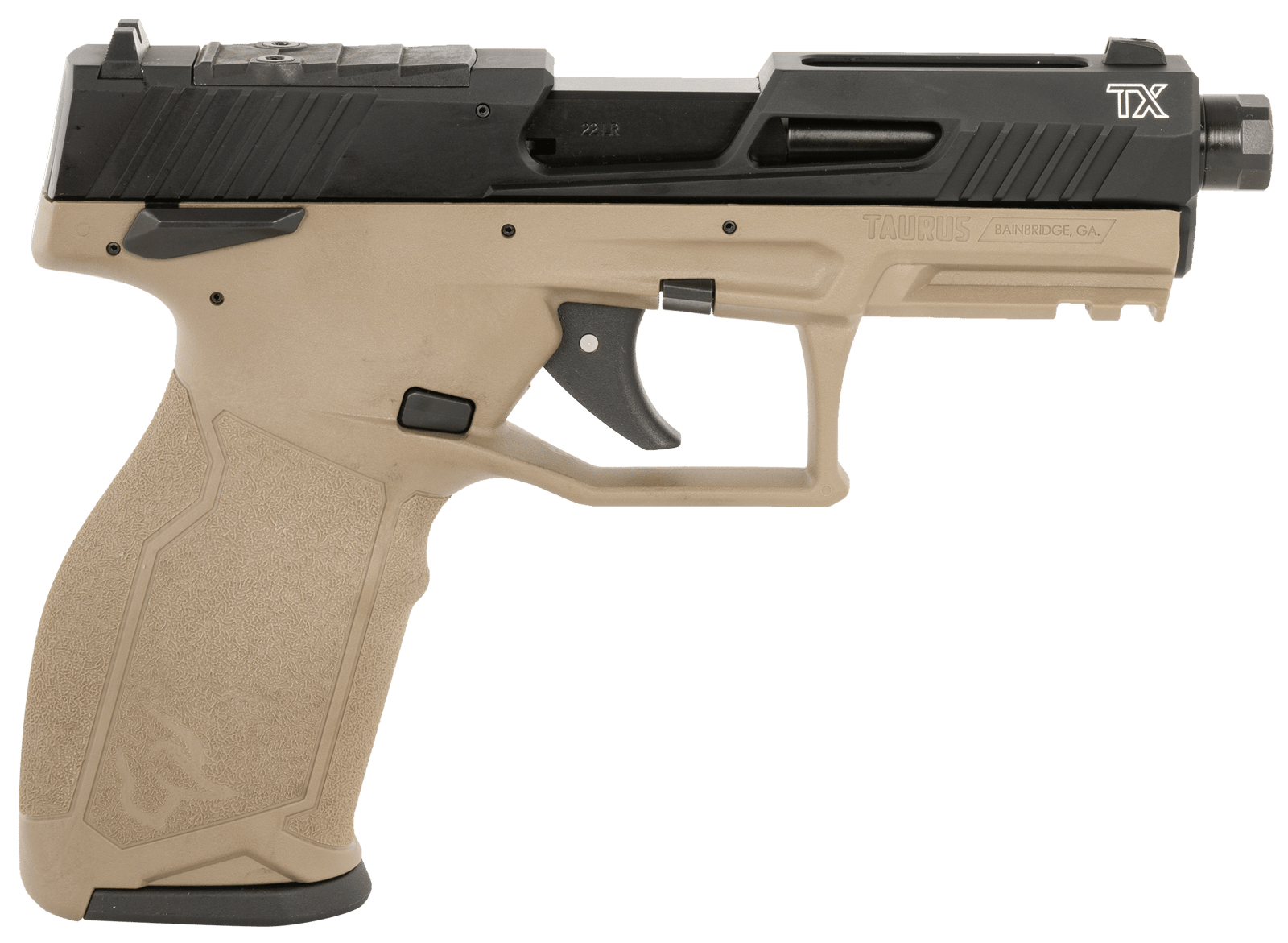 Taurus 1-2TX22P141F-10 TX22 T.O.R.O. 22 LR 10+1 4.60" Matte Black Threaded Barrel, Black Hard Coat Anodized Optic Ready/Serrated Slide, Flat Dark Earth Polymer Frame w/Picatinny Rail, Textured Grip