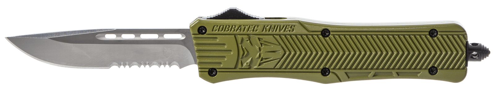 CobraTec Knives MODCTK1MDS CTK-1  Medium 3" OTF Drop Point Part Serrated D2 Steel Blade/OD Green Aluminum Handle Features Glass Breaker Includes Pocket Clip