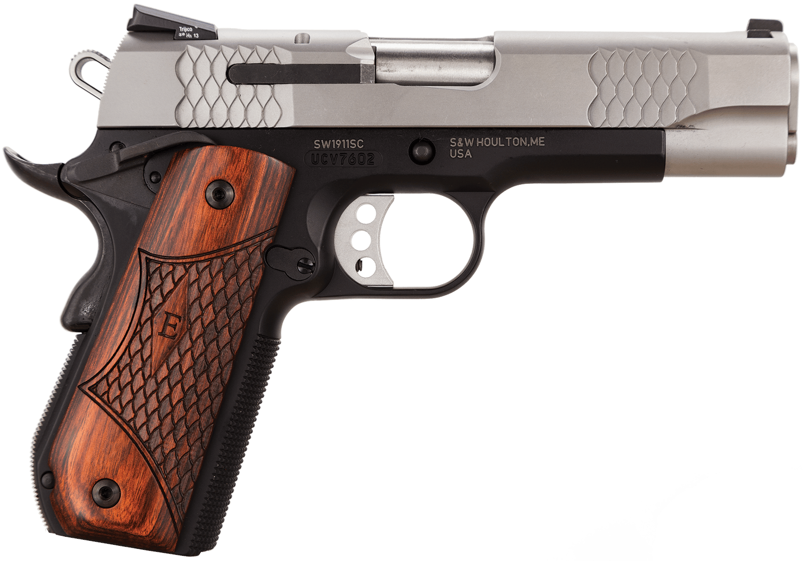 Smith & Wesson 108485 1911 E-Series 45 ACP  4.25" Barrel 8+1, Black Round Butt Scandium Frame, Satin Stainless Steel Slide, Laminate Wood Grip, Manual Grip & Thumb Safety