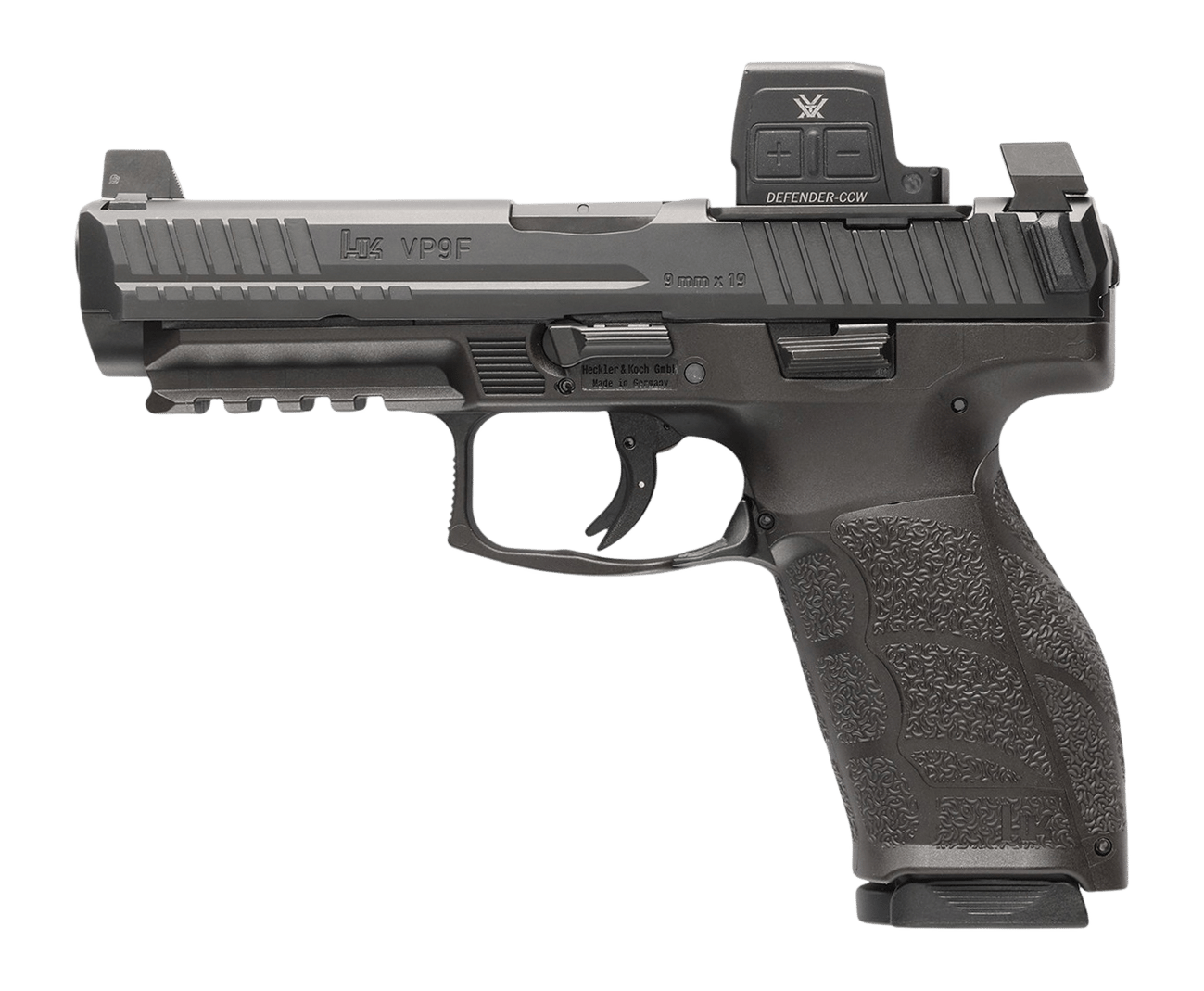 HK 81001351 VP9A1 F w/Optic 9mm Luger 15+1 4.53" Black Barrel & Steel Serrated w/Optic Slide, Black Polymer Frame w/Picatinny Rail, Textured Grip, Vortex CCW