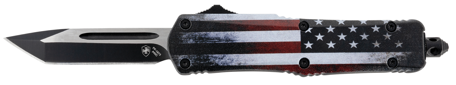 Templar Knife SUS231 Gen II US Flag Small 2.69" OTF Tanto Plain Black Oxide Stonewashed 440C SS Blade, 4.31" US Flag Aluminum Handle, Glass Breaker