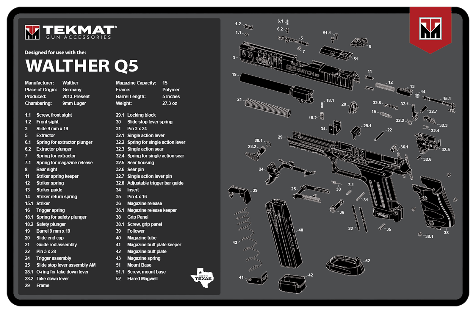 TekMat TEKR17WALQ5SF Walther Q5 SF Cleaning Mat Black/Gray Rubber 11"x17" Walther Q5 Parts Diagram