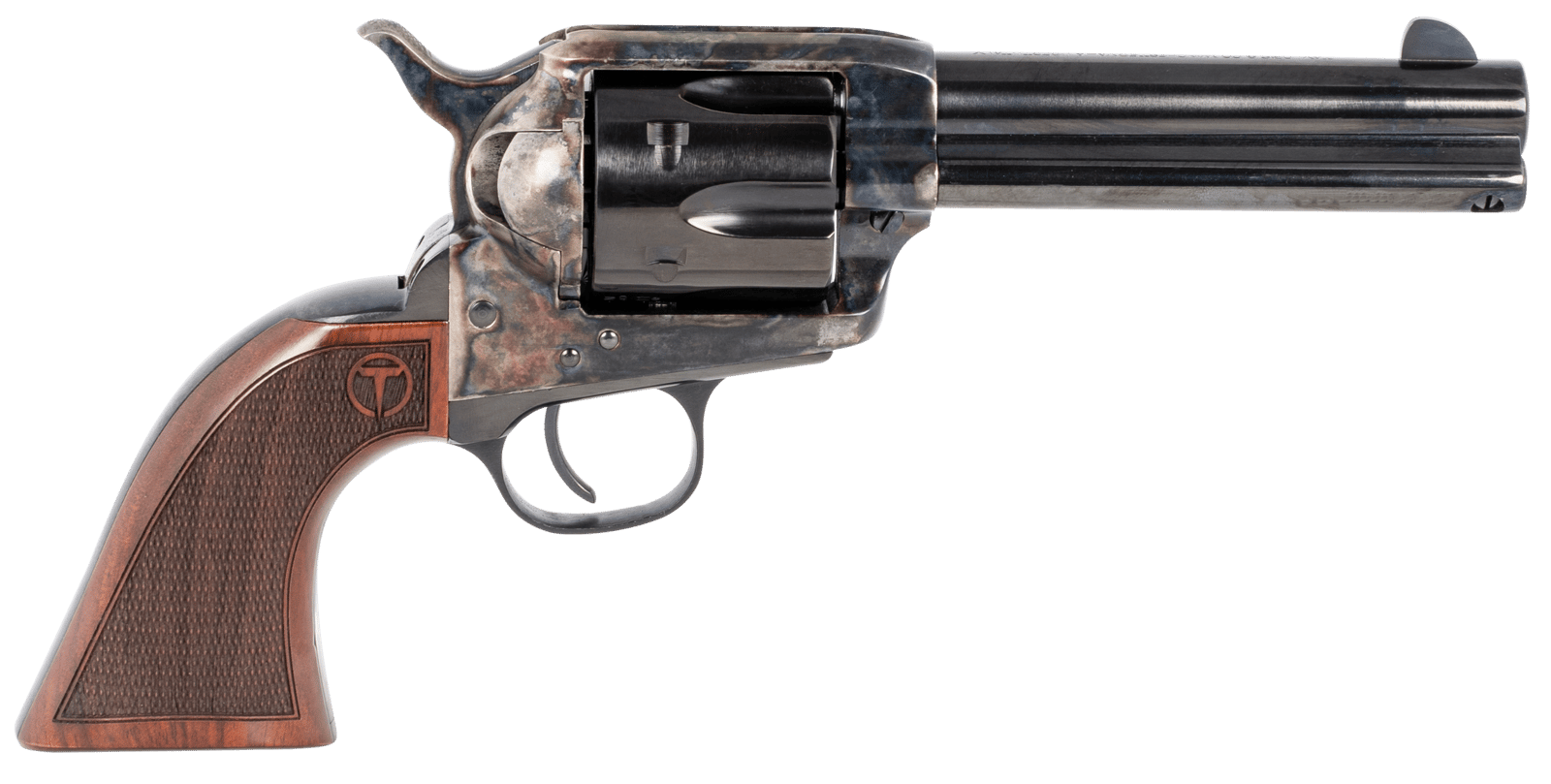 Taylors & Company 550180 Smoke Wagon  357 Mag Caliber with 4.75" Blued Finish Barrel, 6rd Capacity Blued Finish Cylinder, Color Case Hardened Finish Steel Frame & Checkered Walnut Grip
