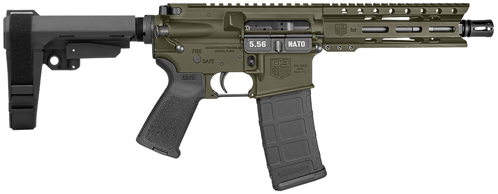 Diamondback DB1913K101 DB15  5.56 NATO 30+1 7" Black Nitride Heavy Threaded Barrel, OD Green Cerakote Picatinny Rail Aluminum Receiver, 6" M-LOK Handguard, SB Tactical Brace & Black Magpul MOE Grip