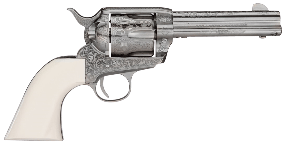 Taylors & Company 200057 1873 Cattleman Outlaw Legacy 45 Colt (LC) Caliber with 4.75" Barrel, 6rd Capacity Cylinder, Overall Nickel Engraved Finish Steel & Ivory Synthetic Grip