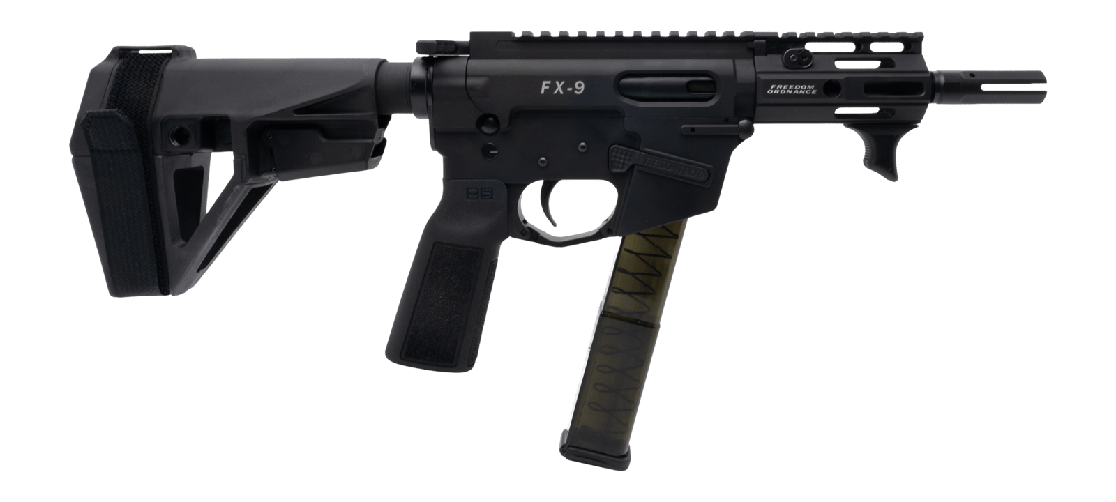 Freedom Ordance FX9P4E-BLK FX9P Elite 9mm Luger 4" Black Nitride Threaded Barrel, Black Anodized Aluminum Receiver w/Picatinny Rail, M-LOK Handguard, Black Polymer SB Tactical SBA5 Brace, Black Polyme