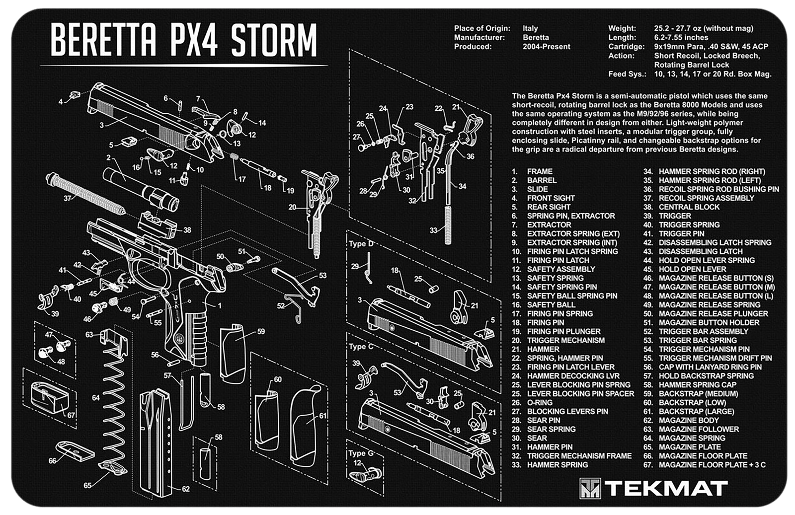 TekMat TEKR17BERPX4 Beretta Px4 Storm Cleaning Mat Black/White Rubber 11"x17" Beretta PX4 Storm Diagram