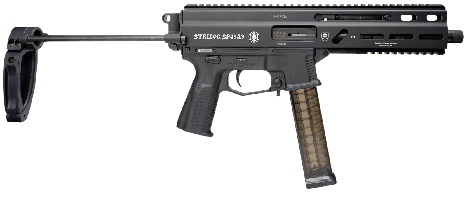 Grand Power 197892004831 SP45A3 Stribog 45 ACP 20+1 8" Black Threaded Barrel, Black Aluminum Picatinny Rail Receiver, Black PDW Tailhook Brace, Black Polymer Grip, Thread Protector