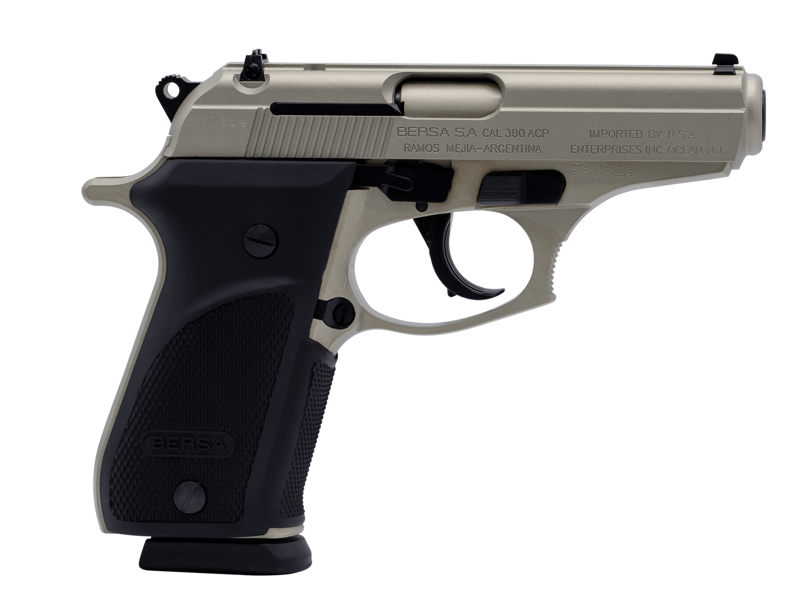 Bersa THUN380PNKL15 Thunder Plus Sub-Compact Frame 380 ACP 15+1, 3.50" Nickel Steel Barrel, Nickel Cerakote Serrated Steel Slide, Nickel Cerakote Aluminum Frame w/Beavertail, Black Rubber Grip