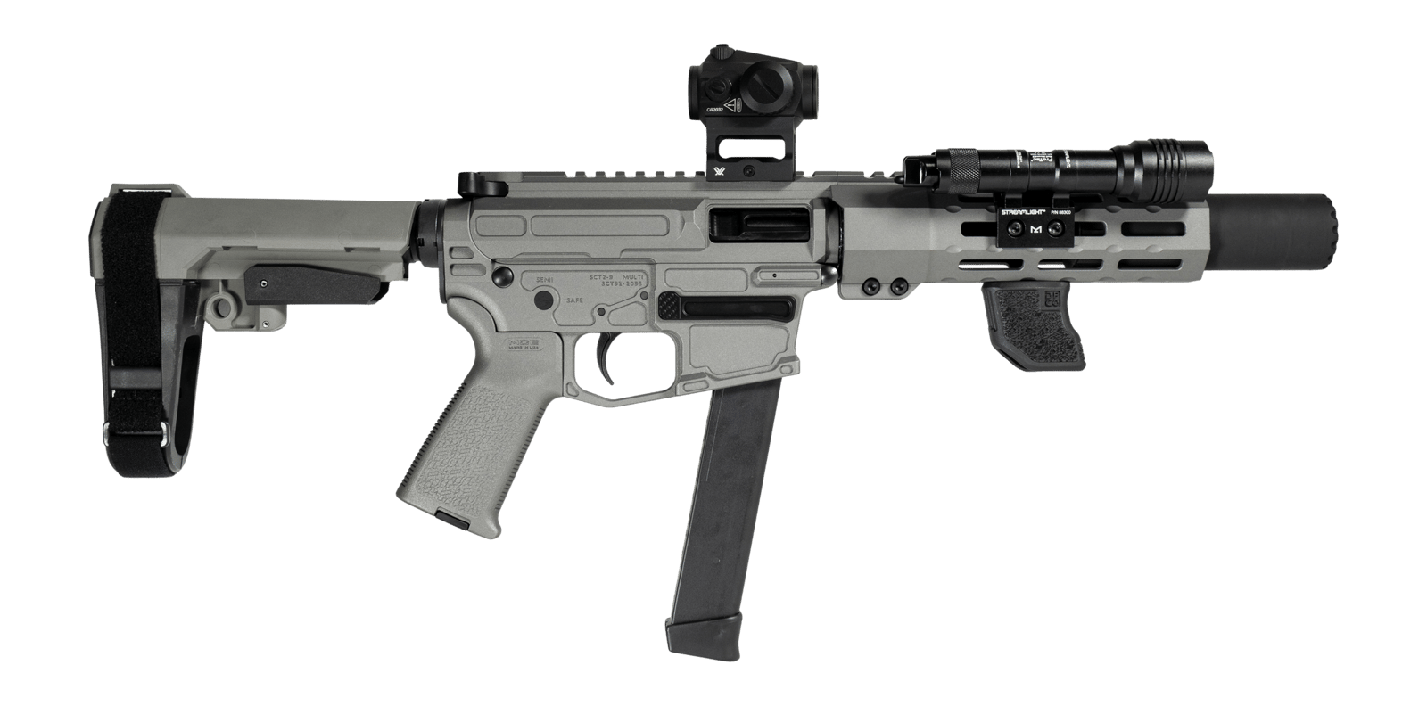 Shark Coast Tactical SCC06742SPGY9-D Sneeky Pete Deluxe w/Optic 9mm Luger 30+1 5.50" Black Melonite Threaded Barrel, Gray Cerakote Receiver, SB Tactical SBA3 Brace, Vortex Crossfire Red Dot, Streamlig