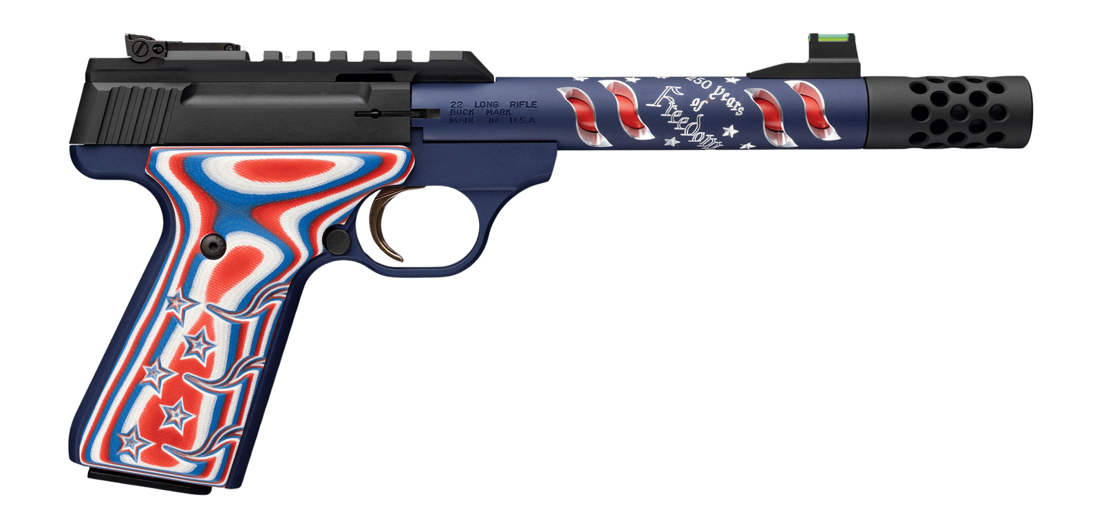 Browning 051615490 Buck Mark Freedom 250 SR 22 LR 10+1 5.90" Waving Flag Threaded Barrel, Blue Anodized Serrated w/Picatinny Rail  Aluminum Receiver, Red/White/Blue G10 Grip