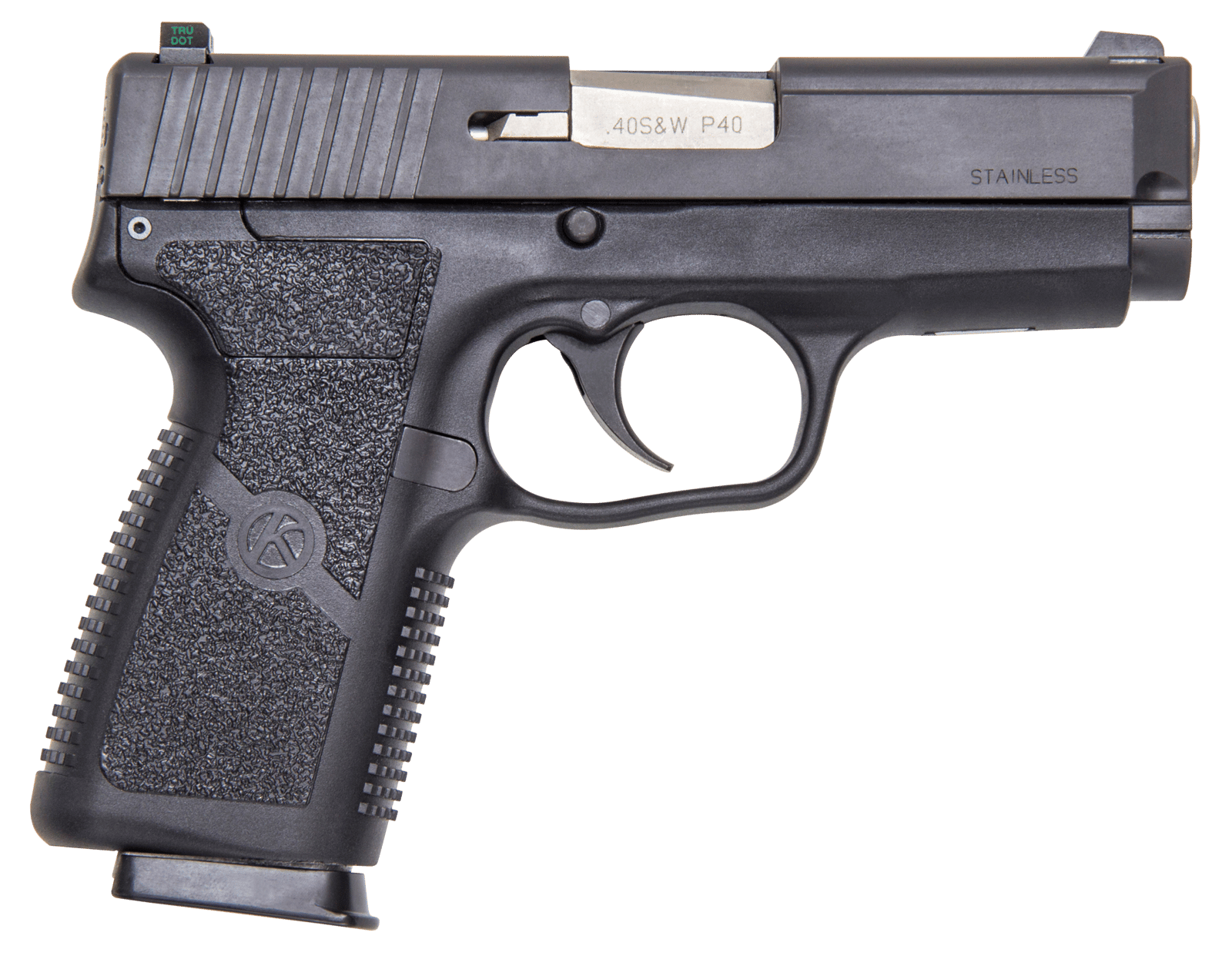 Kahr Arms KP4044NA P  40 S&W Caliber with 3.60" Barrel, 6+1 or 7+1 Capacity, Black Finish Frame, Serrated Matte Black Stainless Steel Slide, Textured Polymer Grip & TruGlo Night Sight