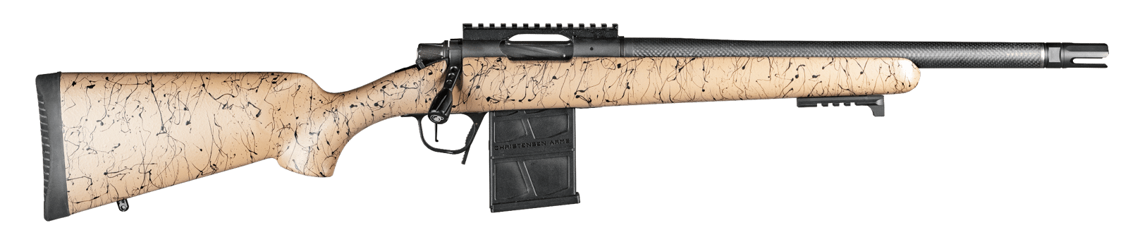 Christensen Arms 8010612300 Ridgeline Scout Full Size 300 Blackout 4+1, 16" Black Nitride Steel Threaded Barrel, Black Nitride Aluminum Receiver, Tan w/Black Webbing Fixed Sporter Stock