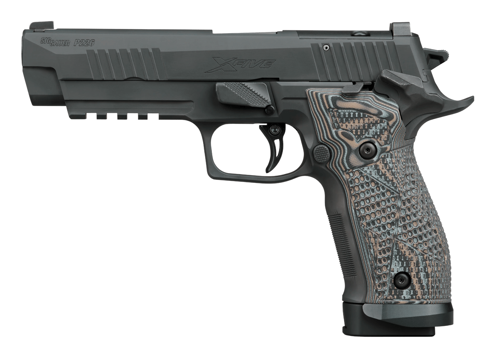 Sig Sauer 226X59XTMSAO P226 XFive Extreme Full Size 9mm Luger 10+1 5" Bull Barrel, Black Nitron Stainless Steel Optic Ready/Serrated Slide & Frame w/Beavertail & Picatinny Rail, Custom Hogue G10 Piran