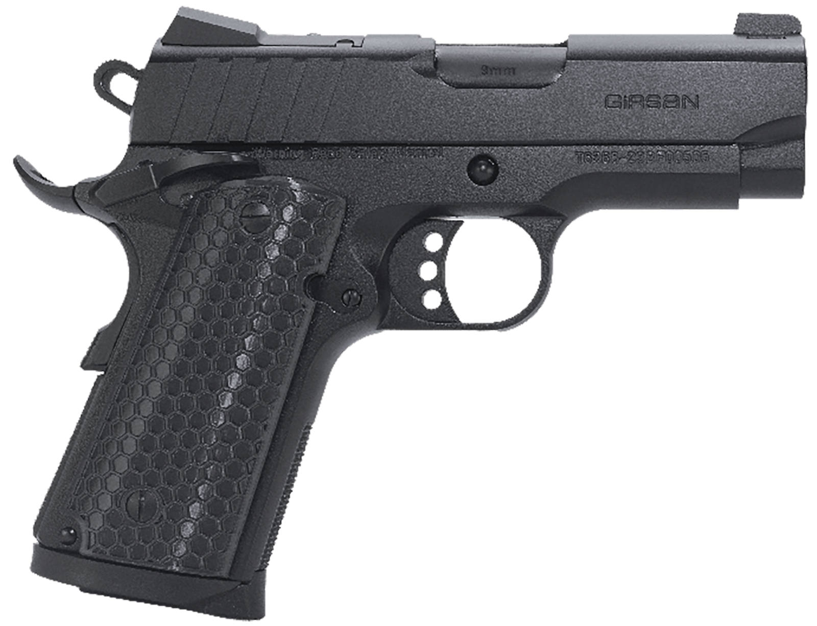 Girsan 391040 MC1911 SC Influencer Sub-Compact 9mm Luger 7+1 3.40" Blued Steel Barrel, Black Cerakote Optic Ready/Serrated Steel Slide & Frame w/Picatinny Rail & Beavertail, Gray Polymer Grip