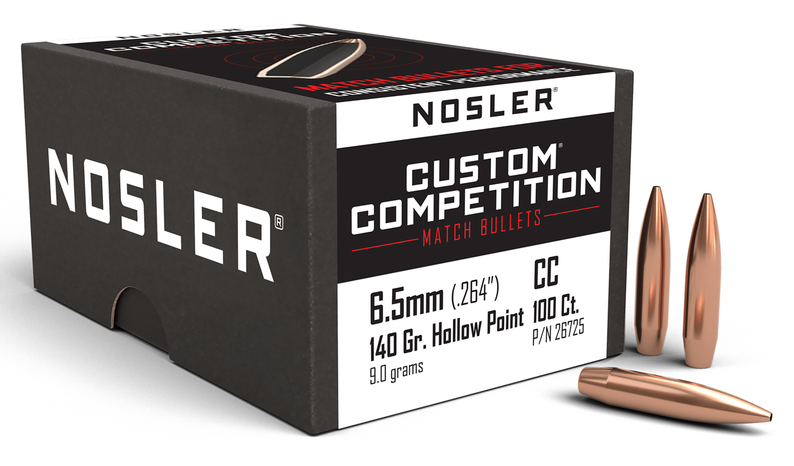 Nosler 26725 Custom Competition 6.5Creedmoor 140gr Hollow Point Boat Tail 100/Box