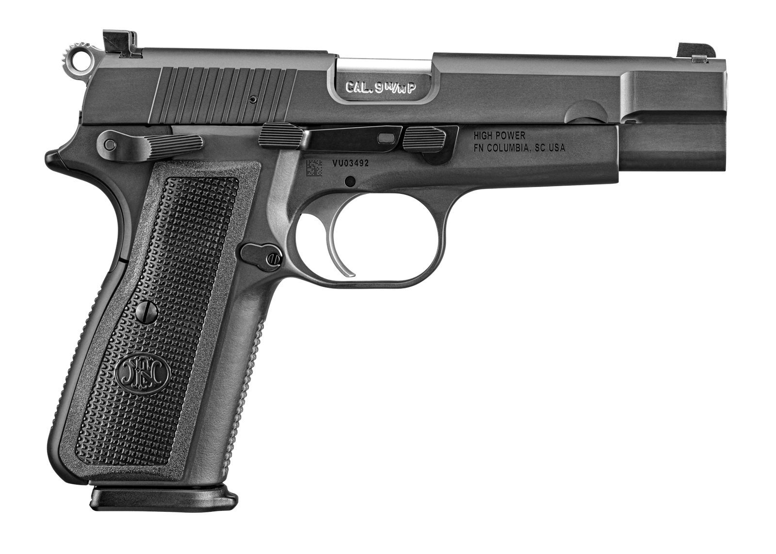 FN 66101115 High Power  9mm Luger 10+1 4.70" Black Target Crown Steel Barrel, Black PVD Serrated Steel Slide & Steel Frame w/Beavertail, Black Polymer Grip, Ambidextrous