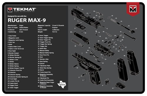 TekMat TEKR17RUGERMAX9 Ruger Max 9 Cleaning Mat Black/White Rubber 11"x17" Ruger Max 9 Parts Diagram