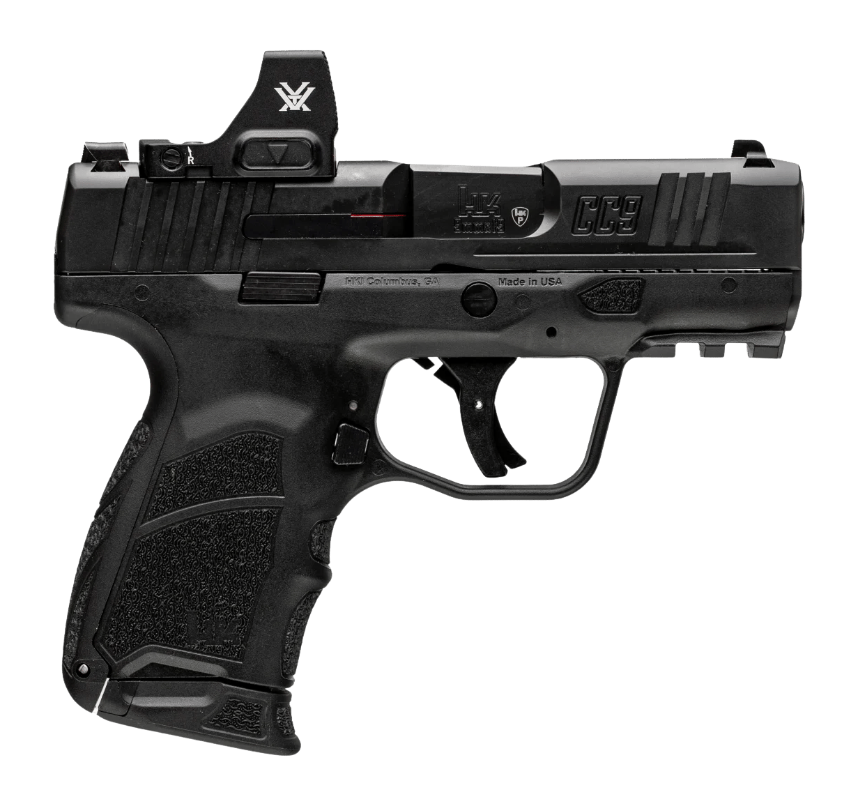 HK 81001354 CC9 w/Optic Micro Compact 9mm Luger 12+1 3.32" Black Barrel, Black Steel Serrated w/Optic Slide, Black Polymer Frame w/Picatinny Rail, Interchangeable Backstrap Grip, Vortex CCW