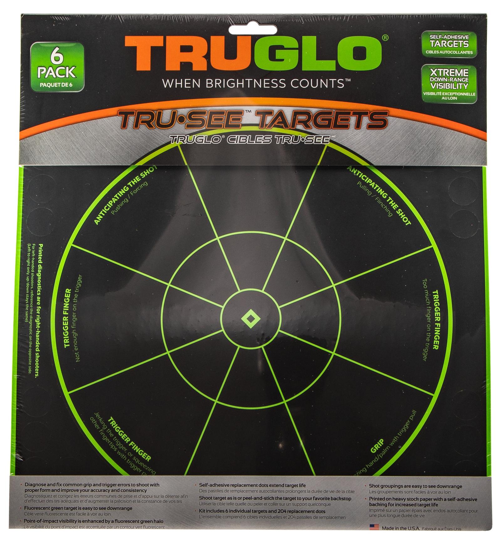 TruGlo TG15A6 Tru-See Handgun Diagnostic Self-Adhesive Heavy Paper Black/Green 12"x12" Bullseye 6 Pack