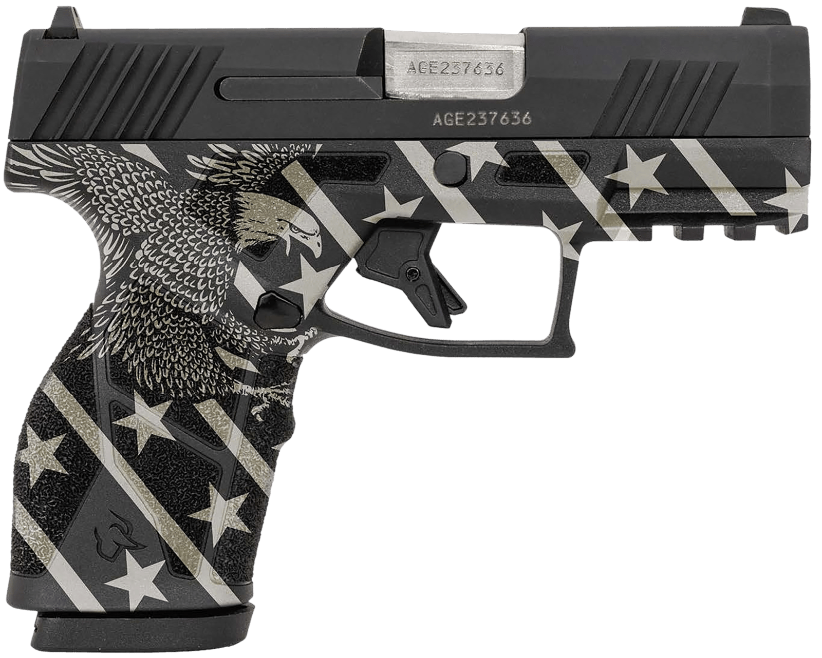 Taurus 1-GX2931-EN1 GX2  Compact Frame 9mm Luger 13+1 3.38" Stainless Steel Barrel, Matte Black Serrated Alloy Steel Slide, Black w/Eagle, Stars & Stripes Polymer Frame w/Accessory Rail