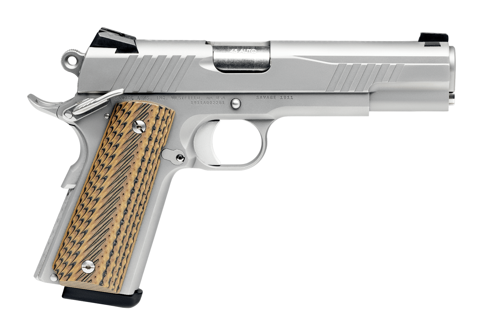Savage Arms 67202 1911 Government 45 ACP 8+1 5" Stainless Steel Target Crown Barrel, Stainless Steel Serrated Slide, Matte Stainless Steel Frame w/Beavertail, Ambidextrous