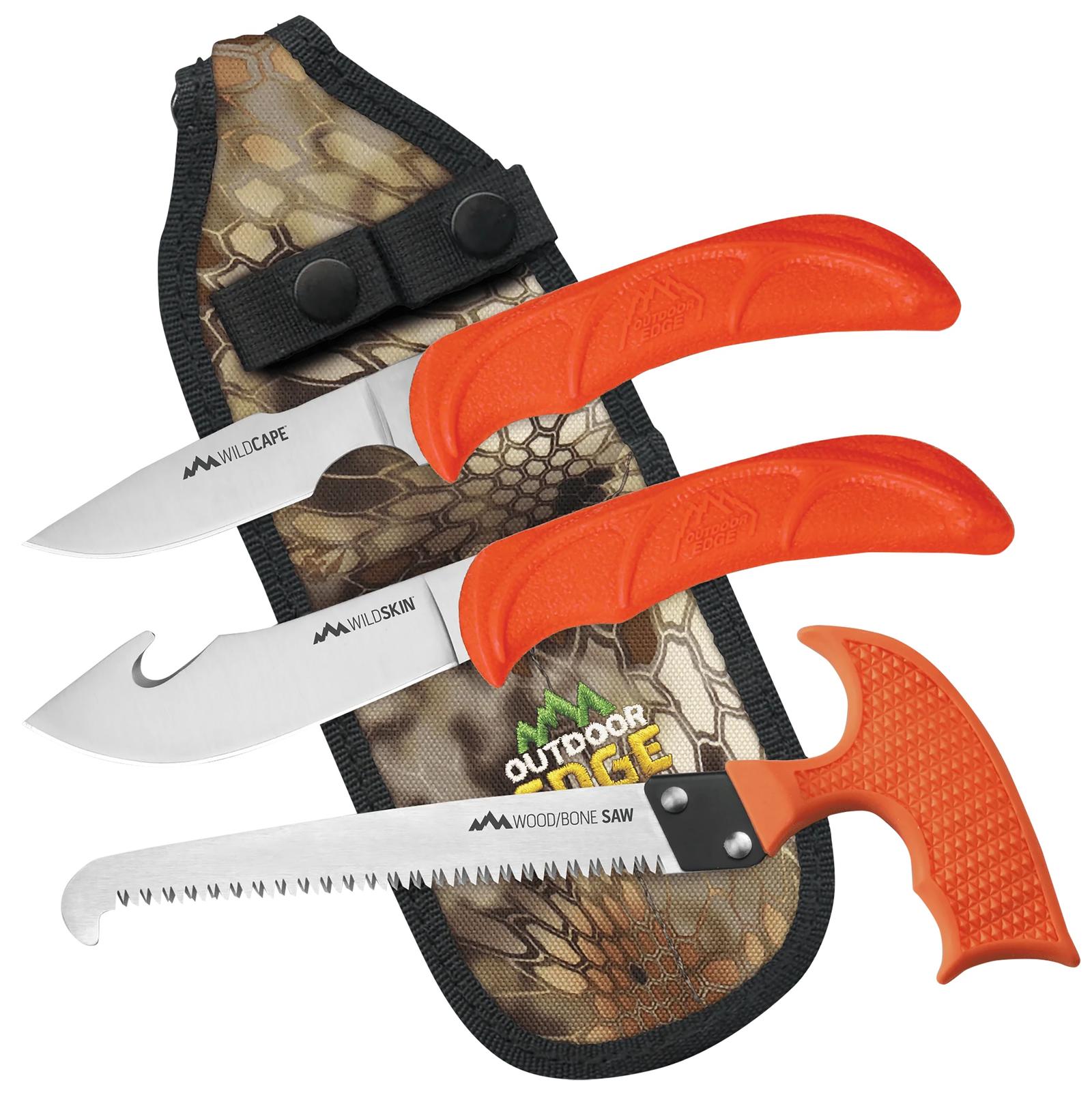Outdoor Edge WG10C WildGuide  Fixed Caper/Saw/Skinner w/Gut Hook Satin 420J2 SS Blades, Blaze Orange Textured TPR Handle