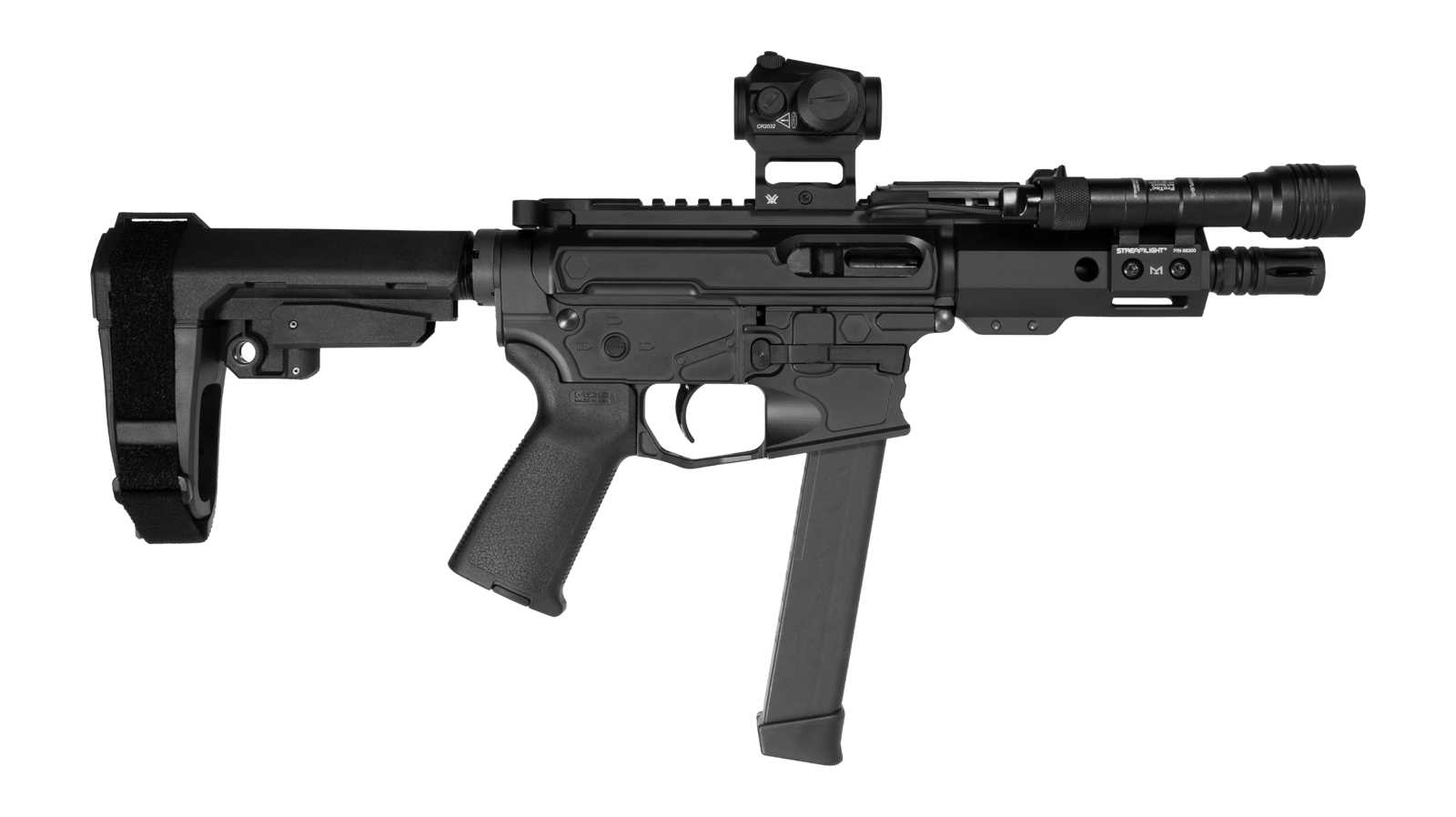 Shark Coast Tactical MNPCC00672 Midnight Bundle 9mm Luger 30+1 5" Threaded Barrel, Aluminum Receiver w/Picatinny Rail. M-LOK Handguard, Polymer SB Tactical SBA3 Brace, Vortex Crossfire Red Dot, Stream
