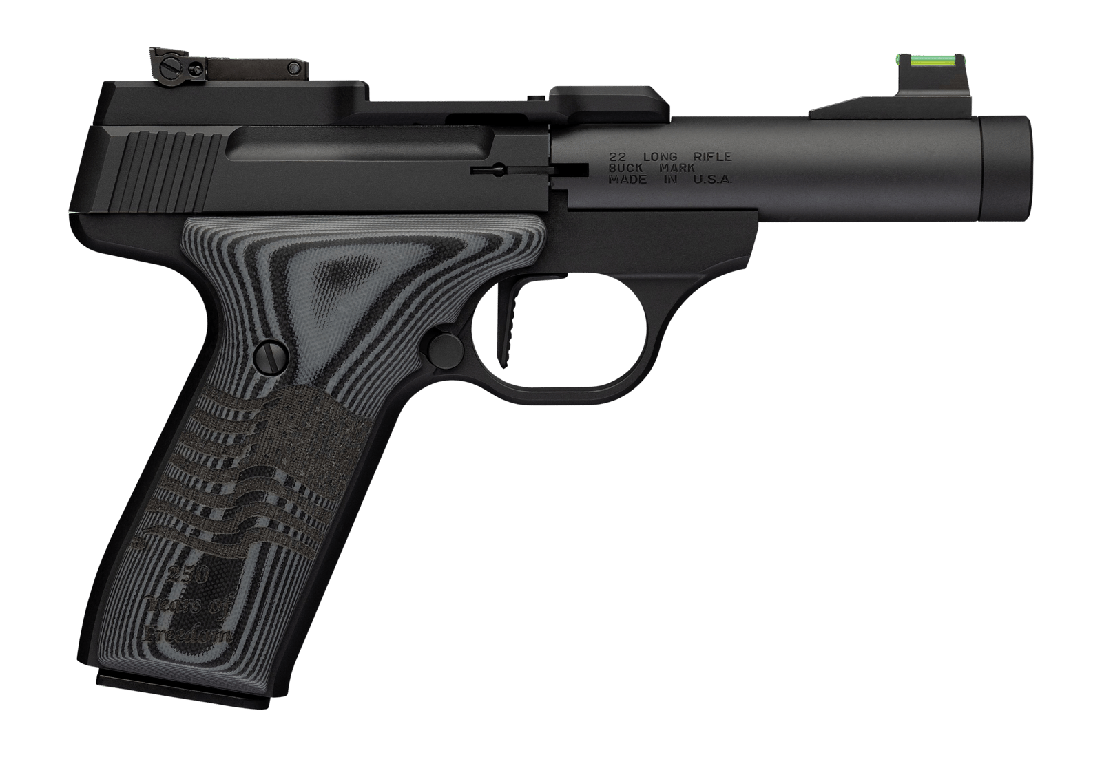Browning 051611490 Buck Mark Black Label 250 SR 22 LR 10+1 4" Matte Black Bull Threaded Barrel, Optics Cut Receiver, Matte Black Aluminum Frame,  Black G10 Grip w/ Inscribed Waving Flag, RMSc Footprin