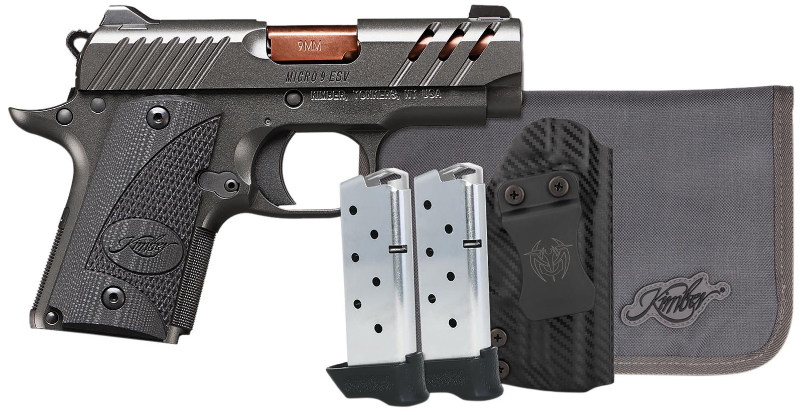 Kimber Mfg, Inc 3300254 Micro 9 Bundle 7+1 3.15" Rose Copper TiN Match Grade Barrel, KimPro II Gray Lightening Cut/Serrated Stainless Steel Slide, Kimpro II Gray Aluminum Frame, Black G10 Grip