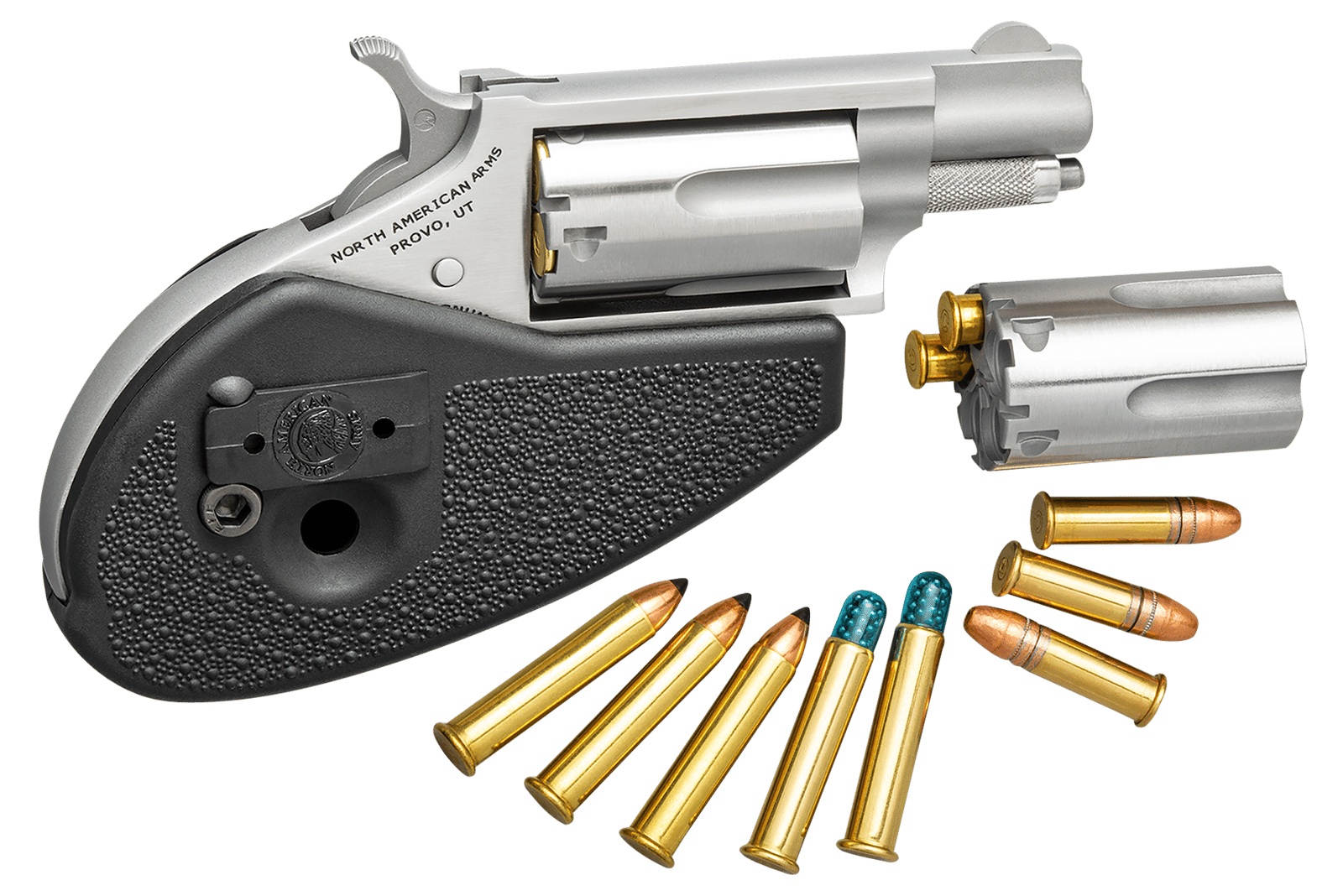 North American Arms 22MSCHG Mini-Revolver  22 LR/22 WMR 5 Shot 1.13" Stainless Steel Barrel, Frame & Cylinder, Black Synthetic Holster Grip, Exposed Hammer