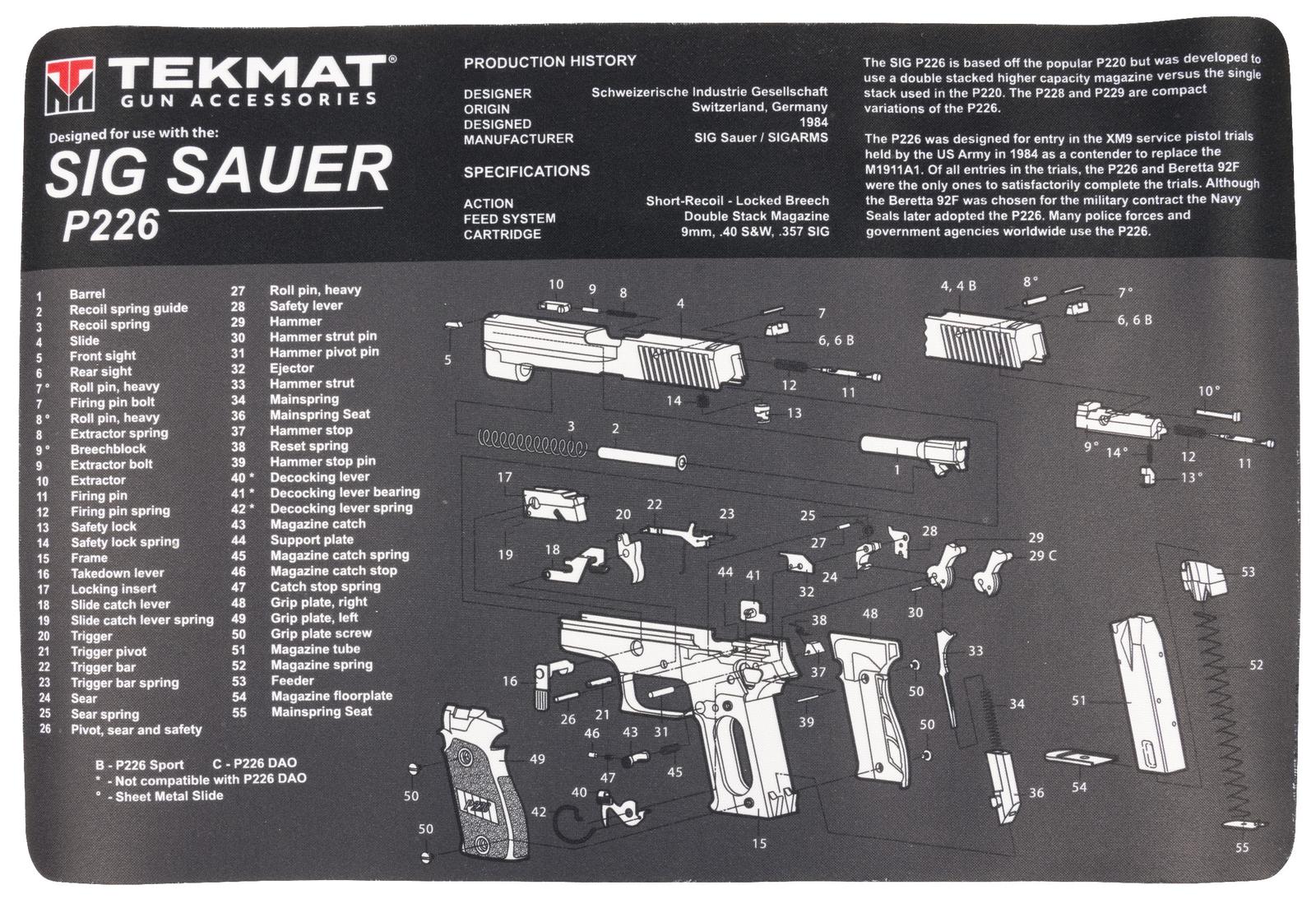 TekMat TEKR17SIGP226 Sig Sauer P226 Cleaning Mat Gray/White Rubber 11"x17" Sig P226 Parts Diagram