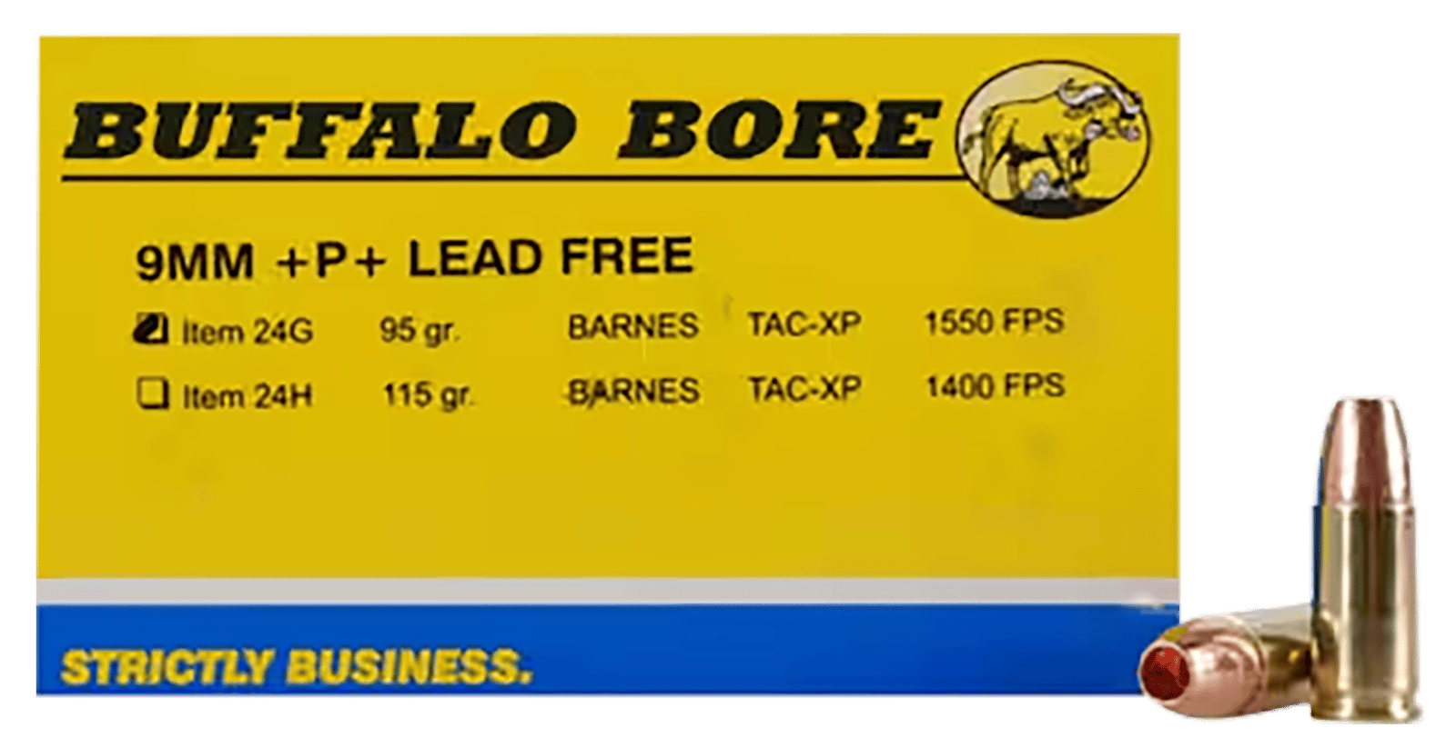 Buffalo Bore Ammunition 24G20 Buffalo-Barnes Strictly Business 9mmLuger +P+ 95gr Barnes TAC-XP Lead Free 20 Per Box/12 Case