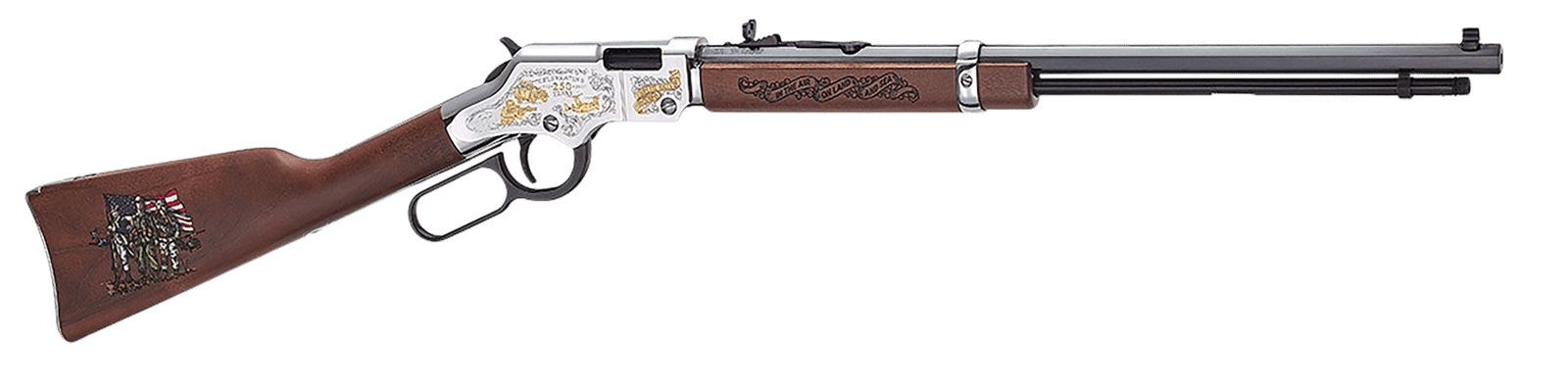 Henry H004MC2 Spirit Of The Corps 250th Anniversary 2nd Edition 22 S/L/LR 16+1 20" Black Octagon Barrel, Nickel-Plated w/24K Gold Inlay Engraved Brass Drilled & Tapped Receiver, American Walnut Straig