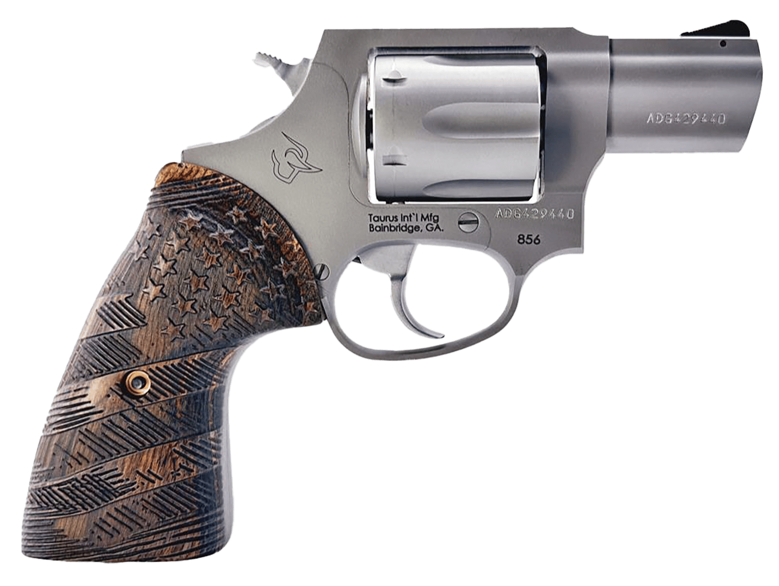 Taurus 2-85629-US2 856  Small 6 Shot 2" Matte Stainless Steel Barrel & Frame, Polished Cylinder, Custom Designed Wood Grip w/Stars, Transfer Bar Safety, Exposed Hammer