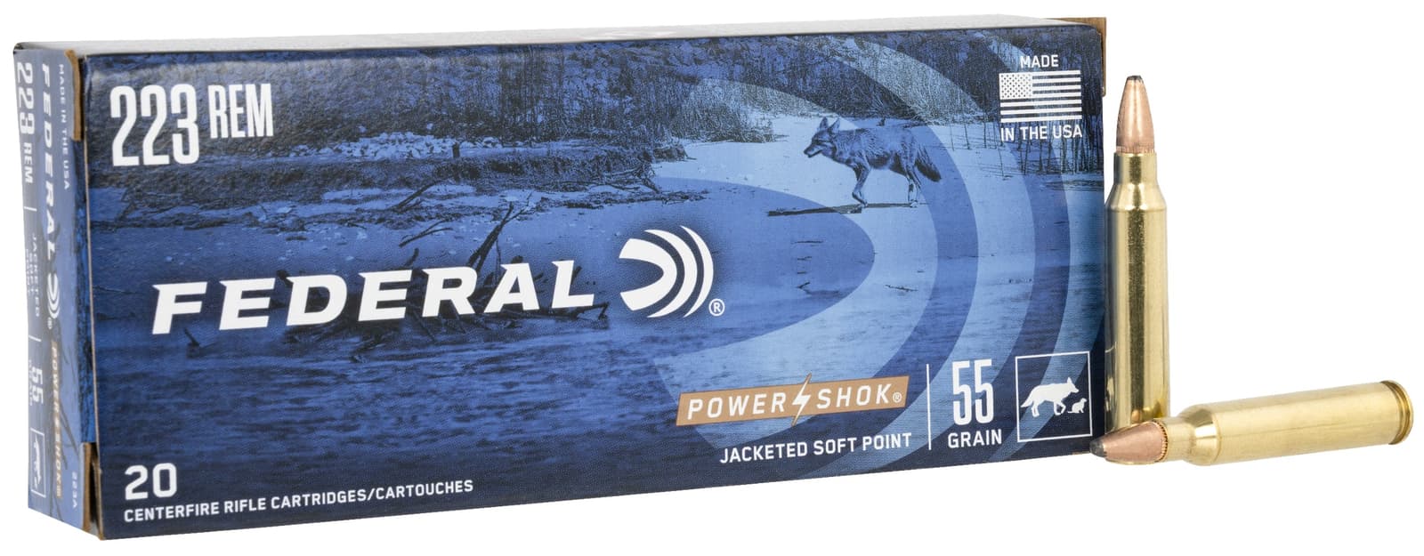 Federal 223A Power-Shok  223Rem 55gr Jacketed Soft Point 20 Per Box/10 Case