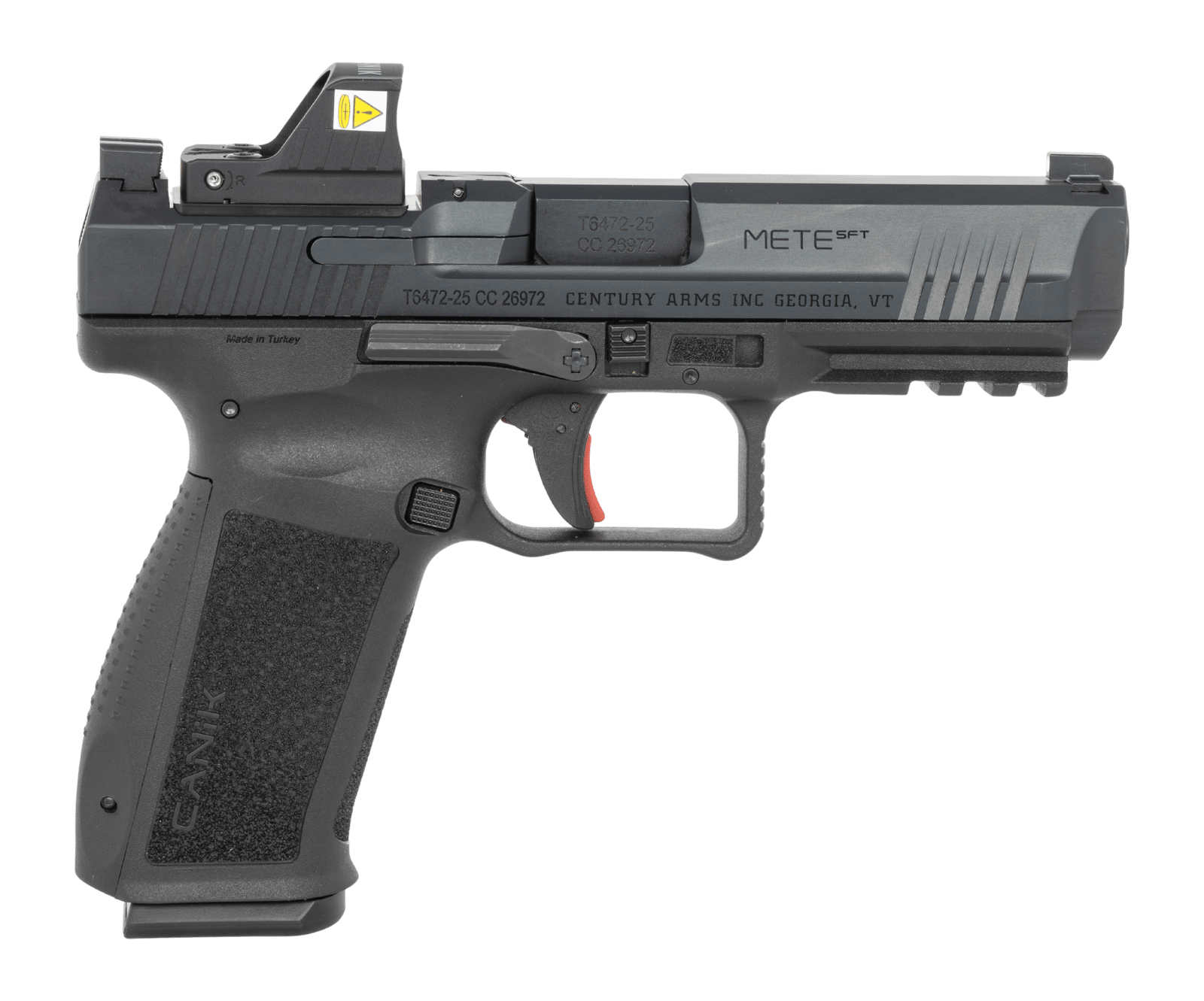 Canik HG6595OSVN Mete SFT One Series w/Optic 9mm Luger 18+1 4.46" Black Barrel, Black Nitride Steel Serrated w/Optic Slide, Black Polymer Frame w/Beavertail & Picatinny Rail, Interchangeable Backstrap