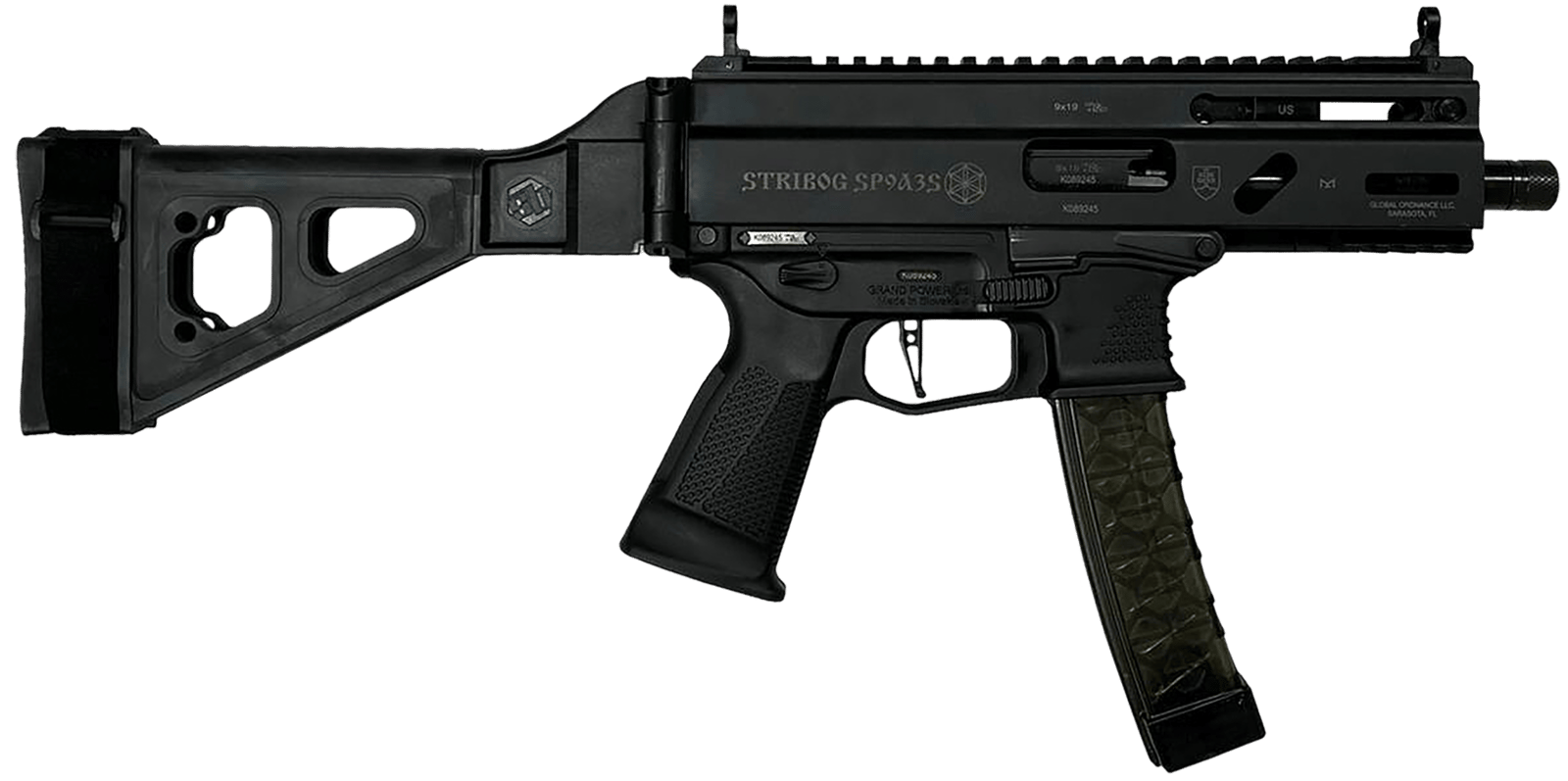 Grand Power 810091152836 Stribog SP9A35S 9mm Luger 30+1 8" Black Picatinny Rail Receiver, SB Tactical Brace, Black Polymer Grip