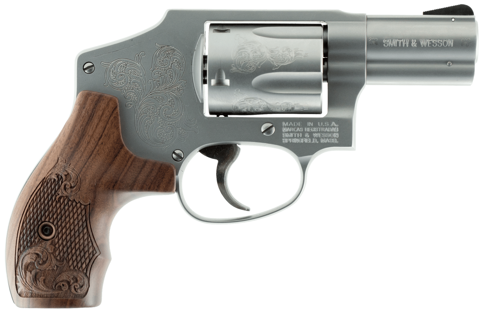 Smith & Wesson 150784 Model 640 *CA Compliant 357 Mag  2.13" Stainless Engraved Barrel , 5rd Stainless Engraved Cylinder, Matte Silver Stainless Steel Engraved J Frame , Wood Engraved Grip