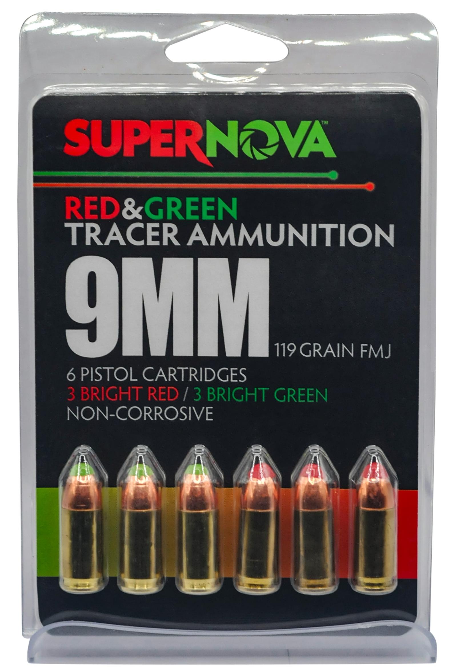 Supernova PMSN9MMMP Green/Red Tracer  9mmLuger 119Gr Full Metal Jacket 6 Per Box/60 Case