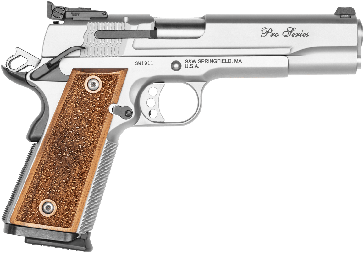 Smith & Wesson 178047 1911 Performance Center Pro  Full Size Frame 9mm Luger 10+1 5" Stainless Steel Barrel, Matte Silver Serrated Stainless Steel Slide & Frame w/Beavertail, Wood Grip