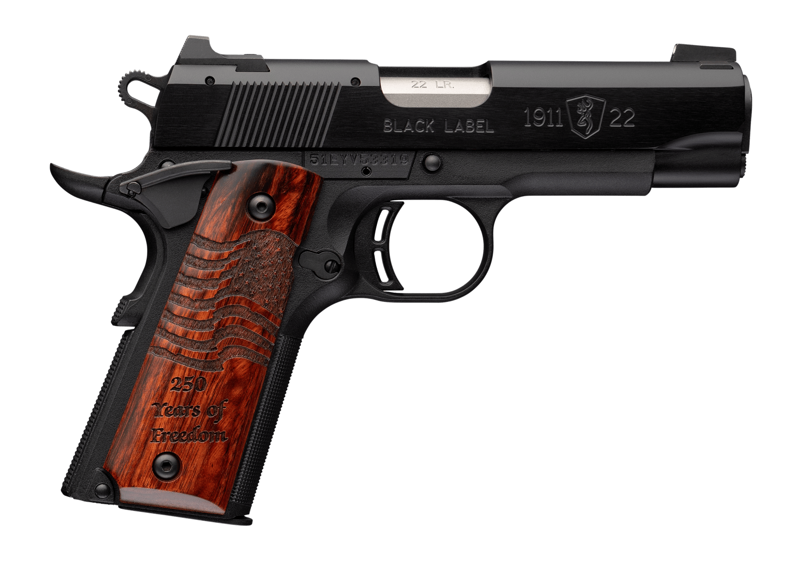 Browning 051072490 1911 Black Label Medallion 250 Compact Frame 22 LR 10+1 3.63" Matte Stainless Steel Barrel, Black Anodized Aluminum Serrated Slide, Matte Black Polymer Frame w/Beavertail, Engraved