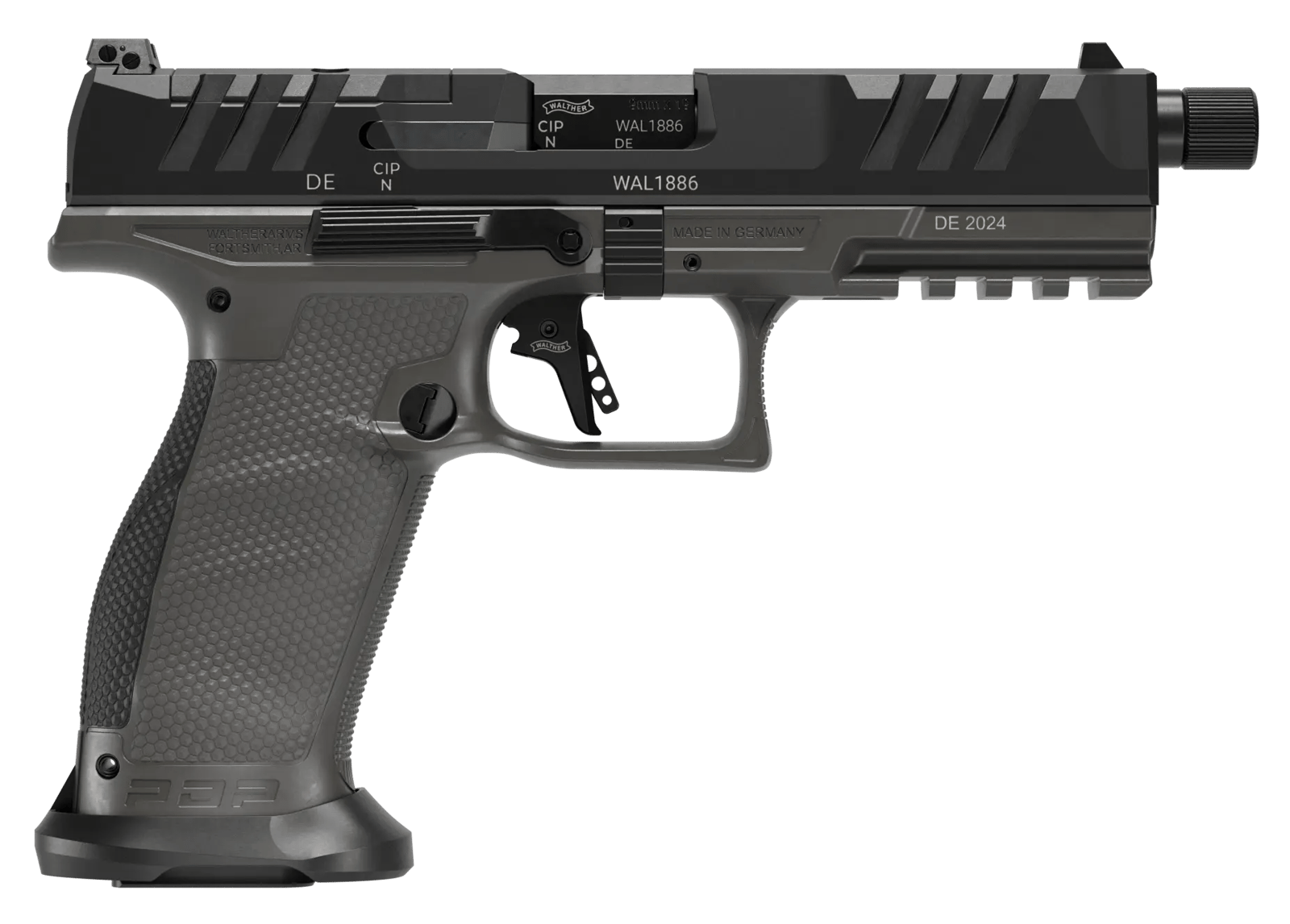 Walther Arms 2871971 PDP Pro SD Full Size 9mm Luger 10+1 5.10" Black Threaded Barrel, Black Optic Ready/Serrated Slide, Tungsten Gray Polymer Frame w/Picatinny Rail, Textured Polymer Grip
