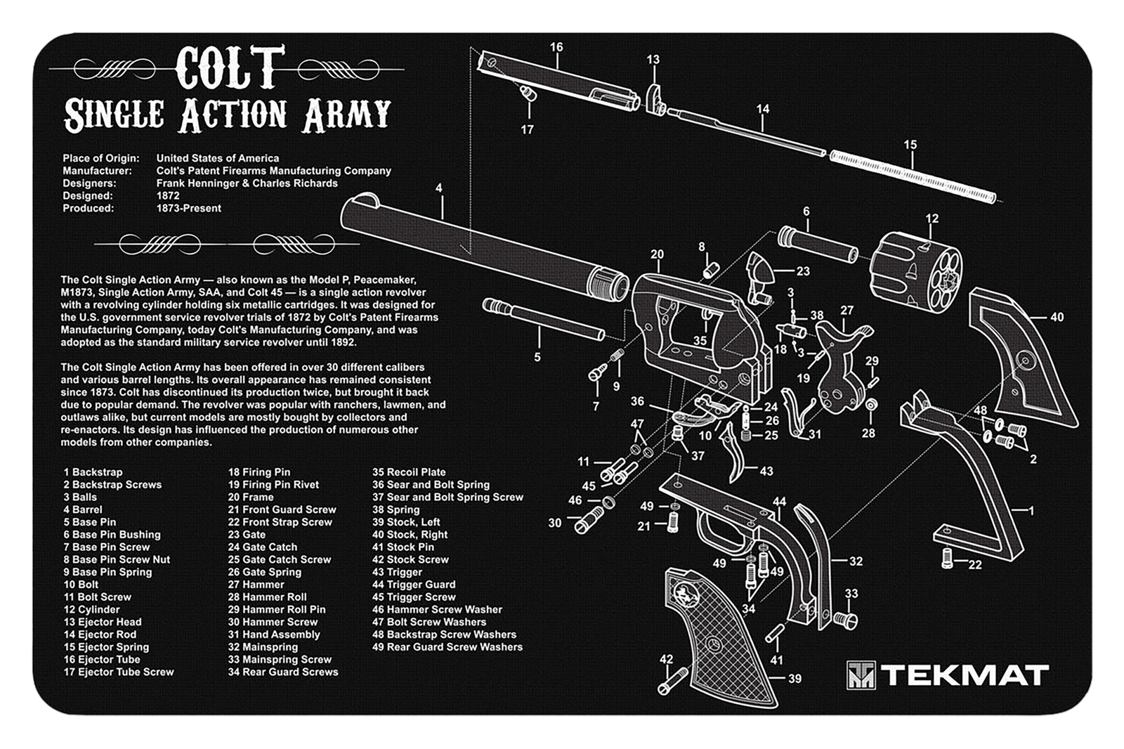 TekMat TEKR17SAA  Cleaning Mat Black/White Rubber 11"x17" Colt Revolver Army Parts Diagram